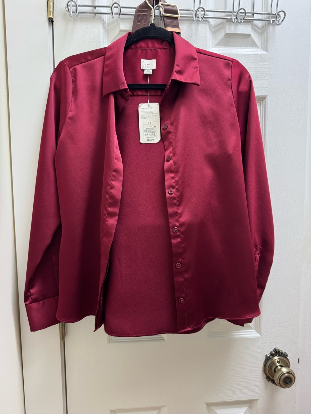 a new day Women's Long-Sleeve Satin Button-Up Shirt - Burgundy